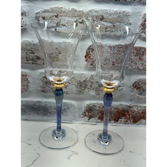 Rare Mikasa Royal Jamestown Blue Stem and Gold Knot Wine Glass Set of 2 - Picture 8 of 10